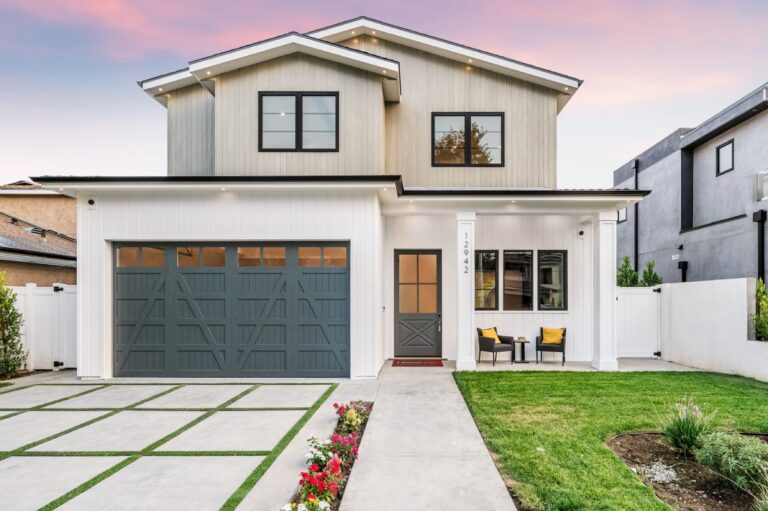 An exterior view of a contemporary new home in Los Angeles.